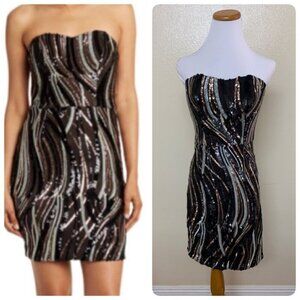 Dress the Population Strapless Mini Sequins Sheath Cocktail Dress SMALL Black